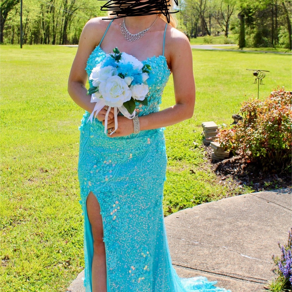 Rachel Allan Blue Sequin Gown with Slit for Prom